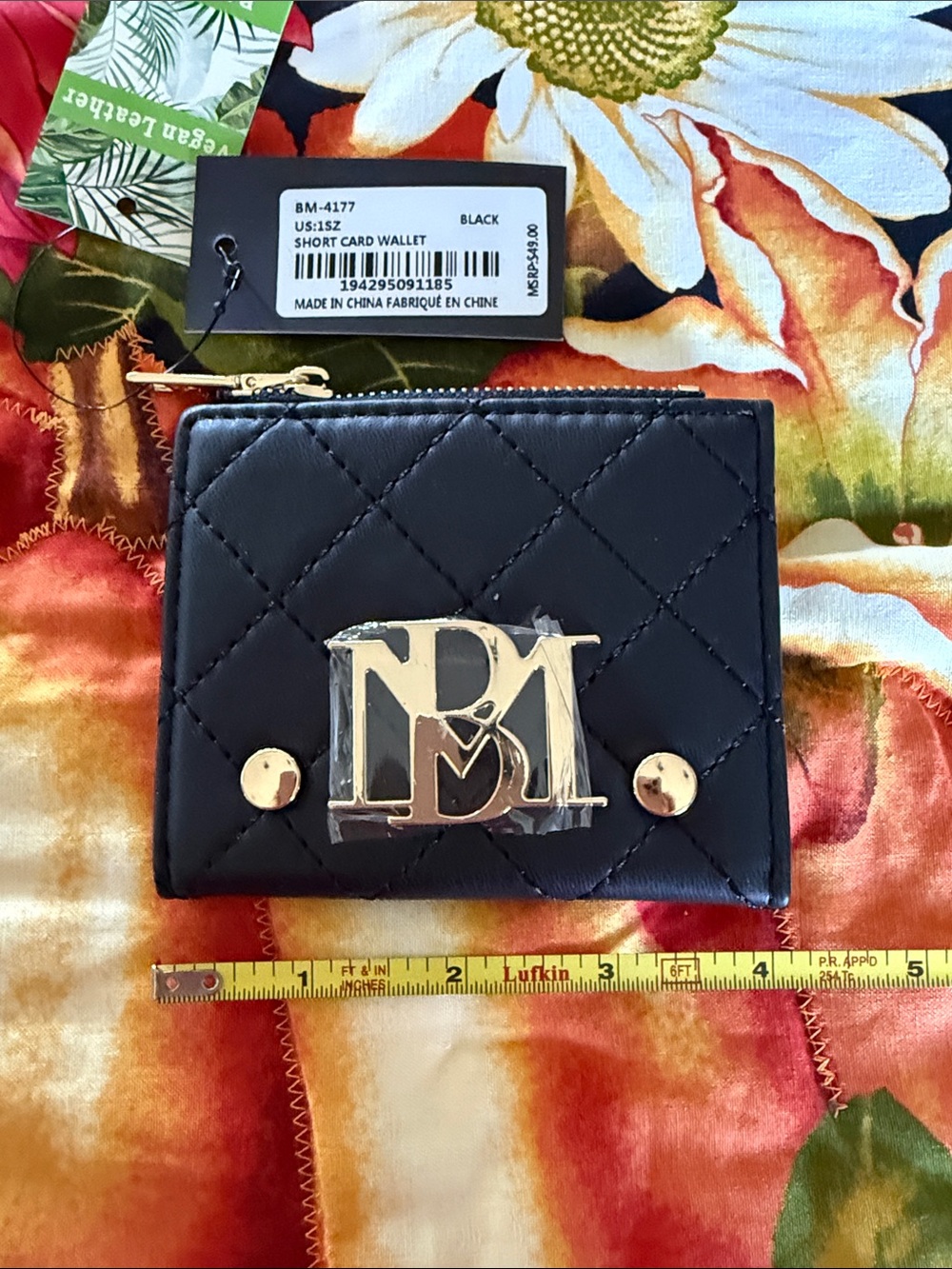 Badgley Mischka Black Quilted Short Card Wallet with Gold Logo